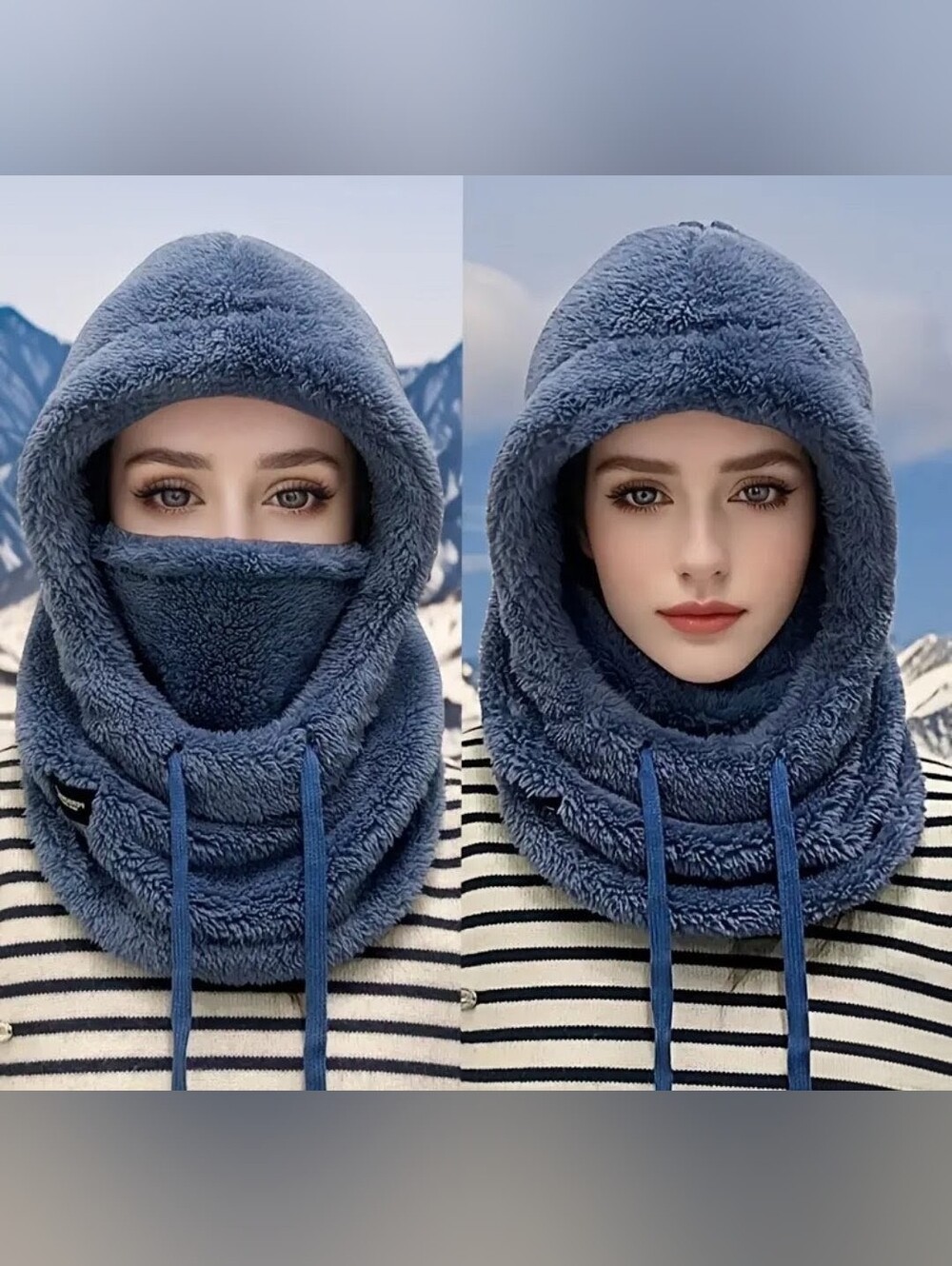 Cozy Blue Plush Hooded Scarf — Women's Winter Neck Warmer